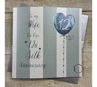 To my Wife On Our 12th Silk Anniversary Card. Stripes & Heart Balloon Design. Hand decorated with Glitter & Gems. (DH12-W)