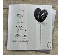 To my Wife On Our 14th Ivory Anniversary Card. Stripes & Heart Balloon Design. Hand decorated with Glitter & Gems. (DH14-W)