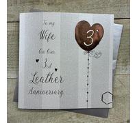 To my Wife On Our 3rd Leather Anniversary Card. Stripes & Heart Balloon Design. Hand decorated with Glitter & Gems. (DH3-W)