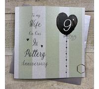 To my Wife On Our 9th Pottery Anniversary Card. Stripes & Heart Balloon Design. Hand decorated with Glitter & Gems. (DH9-W)