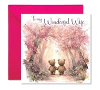 To My Wonderful Wife Greetings Card - 2 Bears Walking Through Cherry Blossoms - Sentimental Verse Inside - For Birthday or Anniversary Includes Pink Envelope