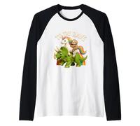 to Rave Unicorn and Sloth Riding Triceratops Dinosaur Raglan Baseball Tee