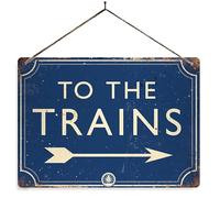 To the Trains - Blue. Small metal sign with 4 corner holes. Train Platform Steam Railway