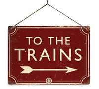 To the Trains - Dark red. Small metal sign with 4 corner holes. Train Platform Steam Railway
