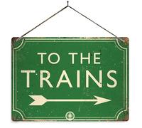 To the Trains - Green. Large metal sign with 4 corner holes. Train Platform Steam Railway