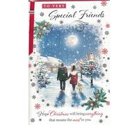 “Luxury Christmas Card for Special Friends - Large Traditional Festive Design with Glitter, Scenic Winter Village & Couple with Dog - Quality Xmas Greeting Card”