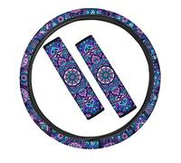 TOADDMOS 1 Set 3 Pcs Boho Style Mandala Purple Floral Car Steering Wheel Cover & Seat Belt Shoulder Pads Universal Fit Auto Truck SUV