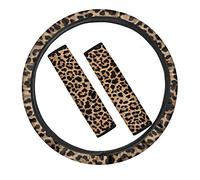 TOADDMOS 1 Set 3 Pcs Brown Leopard Animal Print Car Steering Wheel Cover & Seat Belt Shoulder Pads Universal Fit Auto Truck SUV,Wild Cheetah Auto Interior Accessories