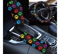 TOADDMOS 3Pcs Cute Colorful Paw Print Soft Steering Wheel Covers Handbrake Cover Gear Shift Cover Non-slip Universal Car Decoration