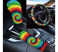 TOADDMOS 3Pcs Set Colorful Swirl Tie Dye Design Soft Steering Wheel Covers Handbrake Cover Gear Shift Cover Non-Slip Universal Car Decoration