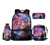 TOADDMOS 4 Pcs School Bag Set for Boys 9-10 Grade Large Shoulder Bagpack+ Insulated Lunch Bag+ Penci Case+ Water Bottle Sleeve, Universe Space Cat