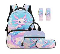TOADDMOS Axolotl 5 Piece Kids Backpack Set with Lunch Box Pencil Case 2 Pcs Bookmark Large Capacity Whale Bookbag with Compartments for Kids Teens