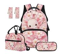 TOADDMOS Axolotl 5 Piece School Backpack Set with Portable Lunch Bag Pencil Case 2 Pcs Bookmark Cherry Blossom Large Capacity Bookbag for Travel