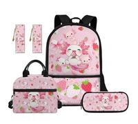 TOADDMOS Axolotl 5Pcs Girls Backpack Set with Lunch Bag Pencil Case 2 Piece Bookmark Cute Strawberry Bookbag for Elementary Middle School Teens