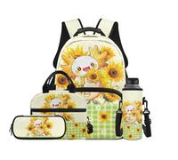 TOADDMOS Axolotl Backpack School Set 4Pcs with Sunflowers Lunch Box Pencil Case Water Bottle Carrier with Compartments for Elementary School Students