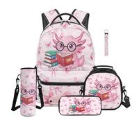 TOADDMOS Axolotl Backpack School Set of 5 with Portable Lunch Bag Pencil Case Water Bottle Bag Carrier Lanyard Keychain Cute Bookbag for Elementary School Students