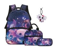 TOADDMOS Axolotl Galaxy School Backpack Set of 4 with Lunch Bag Pencil Case and Bag Pendant Lightweight School Bags for Kids Teens Elementary School