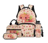 TOADDMOS Axolotl Kids Backpack Set 4Pcs School Backpacks with Portable Lunch Bag Pencil Case Water Bottle Bag Cute Strawberry Bookbag for Kids Teens Elementary School