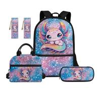 TOADDMOS Axolotl Kids Backpack Set for Girls 5Pcs with Portable Lunch Bag Multifunctional Pencil Case 2Pcs Bookmark Blue Pink Glitter Bookbag Suitable for Kids Teens