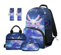 TOADDMOS Axolotl Kids Backpack Set of 5 Portable Lunch Bag Multifunctional Pencil Case 2 Piece Bookmark Cute School Bag for Elementary Students