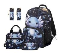 TOADDMOS Axolotl Kids Backpack Set of 5 Portable Lunch Bag Multifunctional Pencil Case 2 Piece Bookmark Cute Casual Galaxy Daypack for Elementary School Students