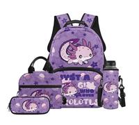 TOADDMOS Axolotl School Backpack Set 4Pcs with Jellyfish Lunch Box Multifunctional Pencil Case Water Bottle Bag Suitable for Kids Teens Elementary Middle School