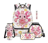 TOADDMOS Axolotl School Backpack Set 5Pcs with Donut Lunch Box Pencil Case Water Bottle Bag Carrier Lanyard Keychain Cool Backpack for Middle High School
