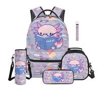 TOADDMOS Axolotl School Backpack Set for Boys 5Pcs with Lunch Bag Pencil Case Water Bottle Bag Lanyard Keychain Lightweight Backpack for Elementary School