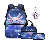 TOADDMOS Axolotl School Backpack Set of 4 with Portable Lunch Bag Multifunctional Pencil Case Bag Pendant Cute Whale Bags for Elementary Middle High School