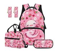 TOADDMOS Axolotl Toddler Backpack Set of 5 Strawberry Cute School Bag with Portable Lunch Bag Multifunctional Pencil Case and 2 Bookmarks