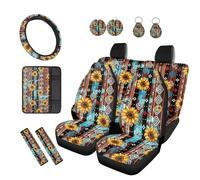 TOADDMOS Aztec Tribal Sunflowers 12 Pcs Car Seat Covers Full Set Auto Center Console Armrest Pad Steering Wheel Cover Seat Belt Pads 2 Pack Car Cup Holder Coasters for Cars Sedan