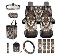 TOADDMOS Aztec Tribal Wolf Auto Seat Covers Full Set 15 Pieces Auto Seat Belt Cover Car Garbage Can Steering Wheel Cover Rear View Mirror Cover Car Storage Box for Most Cars