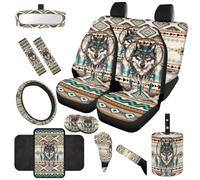 TOADDMOS Aztec Tribal Wolf Auto Seat Covers Set of 14 Car Garbage Can Steering Wheel Cover Hand Brake Cover Shift Knob Cover Seat Belt Pads Rear View Mirror Cover for Most Cars