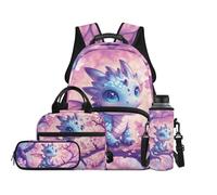 TOADDMOS Baby Dragon Kids Backpack Set 4Pcs Florals School Backpacks with Lunch Bag Pencil Case Water Bottle Bag Lightweight for Elementary Primary Middle School