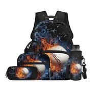 TOADDMOS Baseball Kids Backpack Set 4Pcs with Portable Lunch Bag Pencil Case Water Bottle Bag Ice and Fire Bookbag Suitable for Middle School Teens