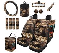 TOADDMOS Bear Aztec Tribal Auto Seat Covers Full Set 15 Pieces Auto Seat Belt Cover Car Garbage Can Steering Wheel Cover Rear View Mirror Cover Car Storage Box for Most Cars