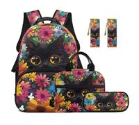 TOADDMOS Black Cat Florals 5 Piece School Backpack Set with Lunch Bag Pencil Case 2 Piece Bookmark Cool Bookbag Suitable for Elementary High School