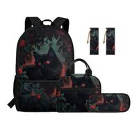 TOADDMOS Black Cat Kids Backpack Set 5Pcs School Backpacks with Lunch Box Multifunctional Pencil Case 2 Piece Bookmark Suitable for Elementary Middle School