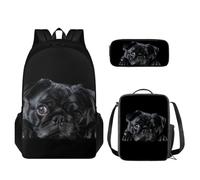 TOADDMOS Black Pug Dog Kids Backpack Set with Insulated Lunch Bag Pencil Case 3 Piece Set Lightweight Girls Boys Bookbag Casual Daypack