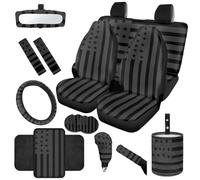 TOADDMOS Black US Flag Automobile Seat Covers Full Set 14 Pack Car Trash Can Hand Brake Cover Shift Knob Cover Steering Wheel Cover Seat Belt Pads Suitable for Cars,SUVs,Sedans