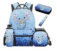 TOADDMOS Blue Axolotl School Backpack Set for Boys 5Pcs with Portable Lunch Bag Stars Pencil Case Water Bottle Bag Lanyard Keychain Lightweight Backpack
