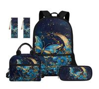 TOADDMOS Blue Butterfly Kids Backpack Set 5Pcs School Backpacks with Lunch Box Multifunctional Pencil Case 2 Piece Bookmark Suitable for Elementary Middle School