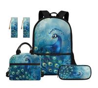 TOADDMOS Blue Peacock 5 Piece School Backpack Set with Portable Lunch Bag Pen Bag 2 Piece Bookmark and Compartments for Elementary Middle School Kids