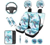 TOADDMOS Blue Sea Turtle Auto Seat Covers Set 14 Pcs with Auto Center Console Armrest Pad Steering Wheel Cover Car Seat Belt Pad Cover Car Headrest Covers for Cars SUV Sedans