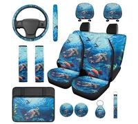TOADDMOS Blue Sea Turtle Car Seat Covers Set of 14 with Auto Center Console Armrest Pad Car Headrest Covers Steering Wheel Cover Seat Belt Pads Cars Cup Coasters for Most Cars