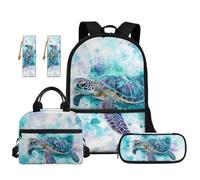 TOADDMOS Blue Sea Turtle School Backpack Set 5Pcs with Portable Lunch Box Multifunctional Pencil Case 2 Piece Bookmark for Kids Teens Elementary Middle School
