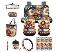 TOADDMOS Boho Floral 15 Pcs Car Seat Covers Full Set Rear View Mirror Cover Steering Wheel Covers Car Garbage Can Cars Storage Bag Auto Seat Belt Cover Universal Fit for Most Cars