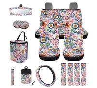 TOADDMOS Boho Flower Auto Seat Covers Full Set 15 Pcs Steering Wheel Covers Car Garbage Can Rear View Mirror Cover Auto Seat Belt Cover Car Storage Box for Cars SUV Sedans