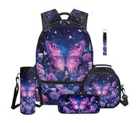 TOADDMOS Butterfly Florals Kids Backpack Set 5Pcs with Lunch Bag Multifunctional Pencil Case Water Bottle Bag Lanyard Keychain Cute Bookbag for Kids Teens