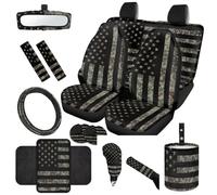 TOADDMOS Camo Flag Car Seat Covers Full Set 14 Pcs Car Trash Can Hand Brake Cover Shift Knob Cover Steering Wheel Cover Auto Seat Belt Cover Rear View Mirror Cover for Cars